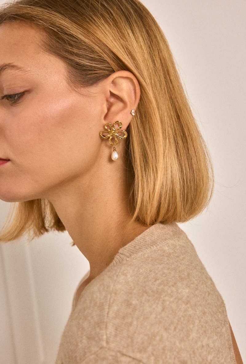 Boucles d'oreilles fleur et perle pendante en acier inoxydable SOPHIE