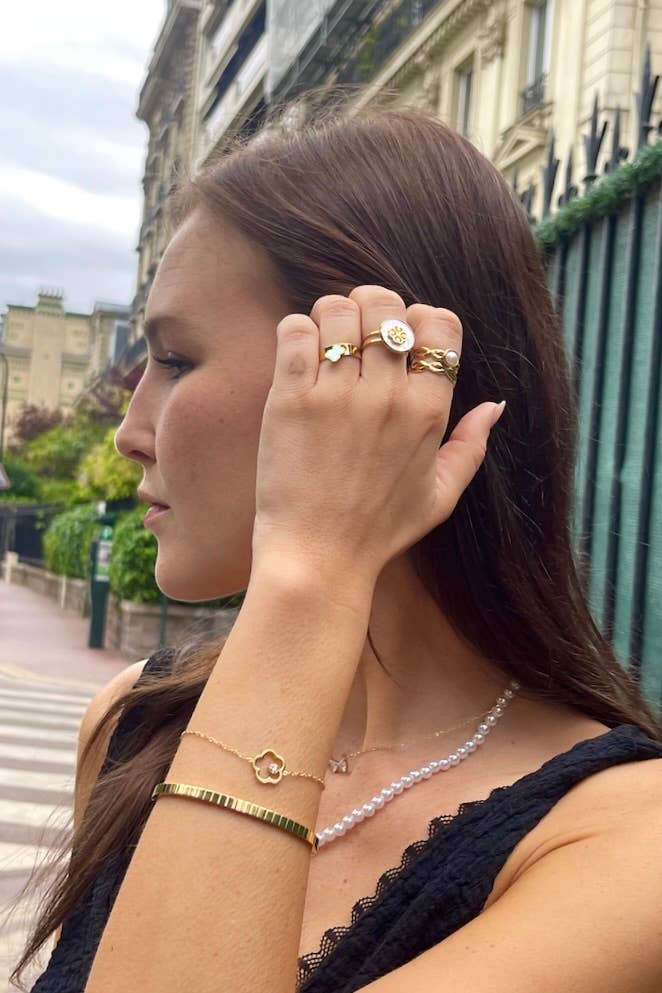 Bague ajourée entrelacée avec perle centrale en acier inoxydable STELLA