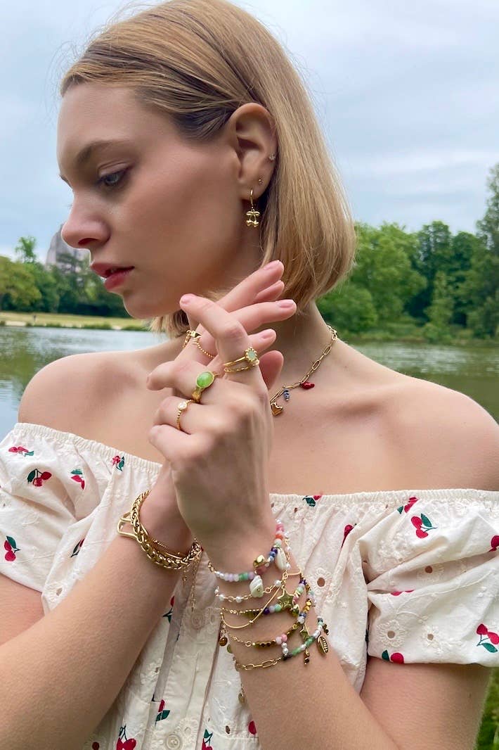 Bague perlée avec cœur scintillant en acier inoxydable HANNAH