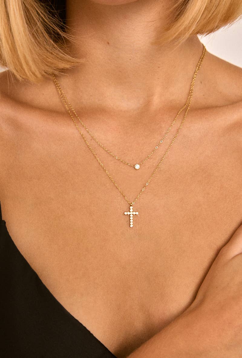 Collier double chaîne croix facettée en acier inoxydable LÉA