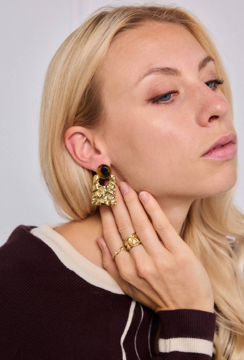Boucles d'oreilles carré texturé et rond marbré en acier inoxydable SOLÈNE