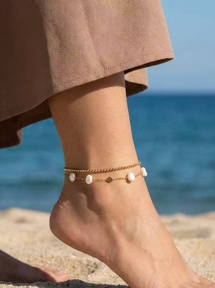 Chaîne de cheville à perles blanches en acier inoxydable TAYLOR