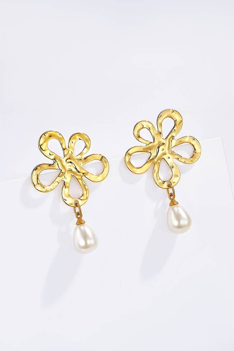 Boucles d'oreilles fleur et perle pendante en acier inoxydable SOPHIE