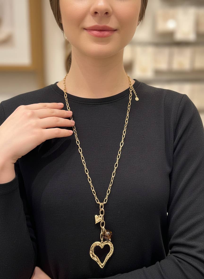 Collier sautoir cœur martelé et perle marbrée en acier inoxydable SOLÈNE